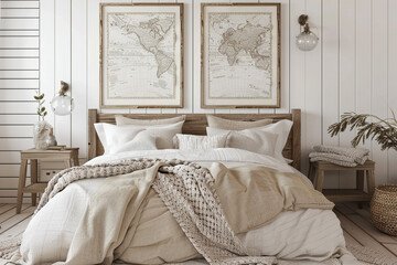 A rustic white bedroom with reclaimed wood furniture, cozy throws, and vintage map posters above the bed.