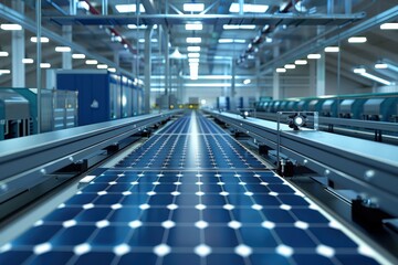 Fototapeta premium Clipart illustration of photovoltaic cells being manufactured, showcasing the production process of essential components for solar energy systems Photovoltaic cells, Renewable energy, Component