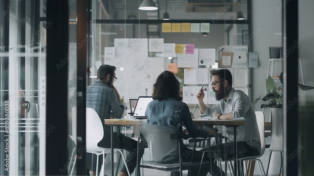 Poster Group of ux developer and ui designer brainstorming about app interface design at modern office Creative digital development agency : Generative AI