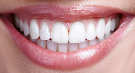 Fototapeta premium Bright Smile with Perfect White Teeth Close-Up: Detailed Macro Shot of a Woman's Brilliant Smile with Red Lips and White Teeth - Dental Health and Aesthetic Concepts