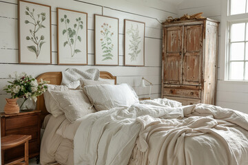 A rustic white bedroom with wooden furniture, cozy textiles, and vintage botanical posters above the bed.