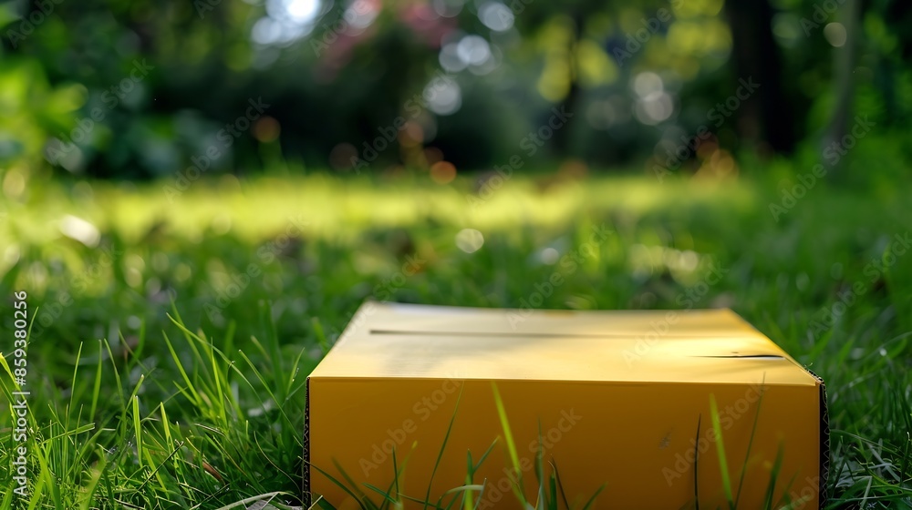 Poster The cardboard box is on the ground The mail is in a box on the green grassSending mailA blank form on a yellow cardboard parcel : Generative AI