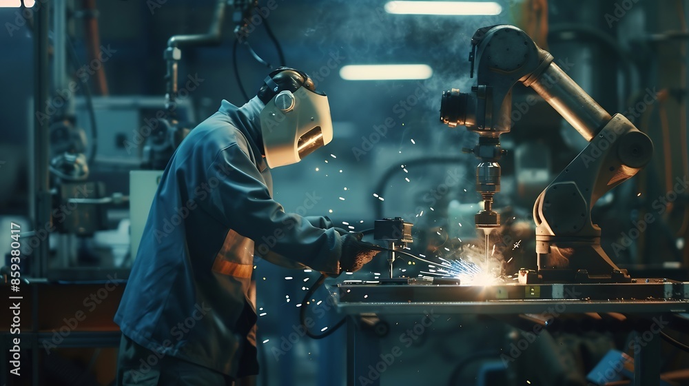 Aufkleber Engineer team service robot welding working in automation factory People worker in safety suit work robotic arm software programming or replacing part in automated manufacturing indust : Generative AI