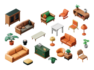 collection of 3d render of living room set
