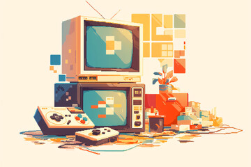 Nostalgic and colorful illustration of a retro gaming setup with vintage monitors, game controllers, and cartridges. The scene captures the essence of classic video games and retro technology.