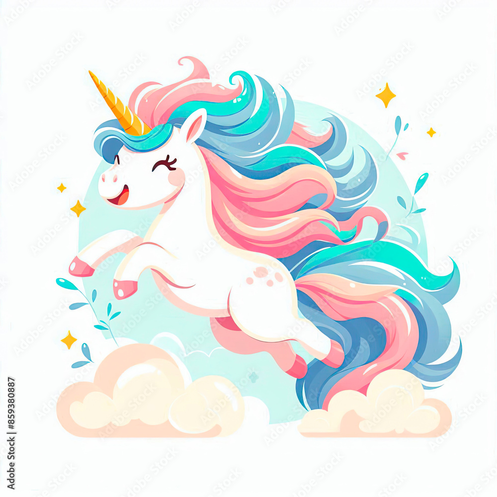 Wall mural Cute cartoon happy magic unicorn with rainbow on a white background.