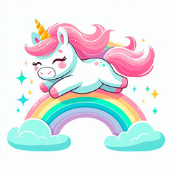 Naklejka premium Cute cartoon happy magic unicorn with rainbow on a white background.