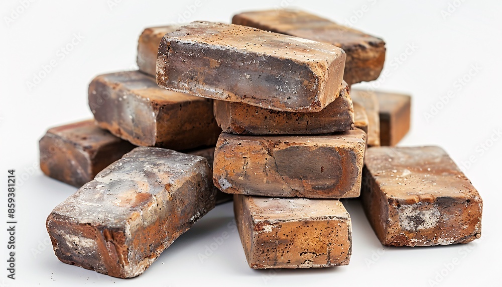 Poster stack of weathered red bricks isolated on white background for construction and building projects