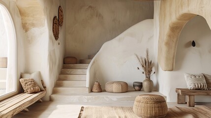 Obraz premium Cozy Mediterranean-Inspired Living Room with Natural Decor and Soft Earth Tones