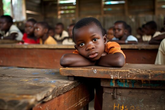Thoughtful schoolboy resting chin on hands in classroom - Powered by Adobe