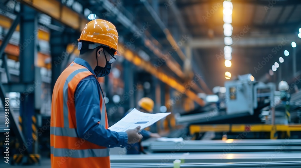 Poster engineer project manager and worker labor ware reflective suit and safety helmet working in metal sh
