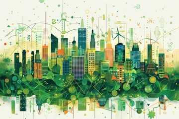 Obraz premium Clipart illustration of a smart city powered by renewable energy, demonstrating the integration of smart grid technology and energy efficiency Smart grid technology, Renewable energy, Energy