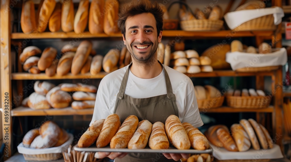 Wall mural sales with smile in bakery shop selling breads