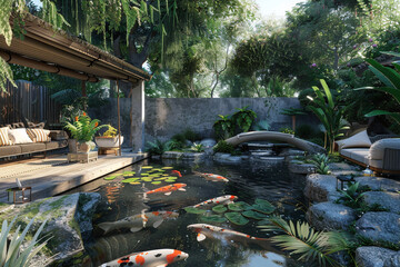 A serene backyard with a koi pond, a small bridge, and a seating area with a view of the tranquil water and lush plants.