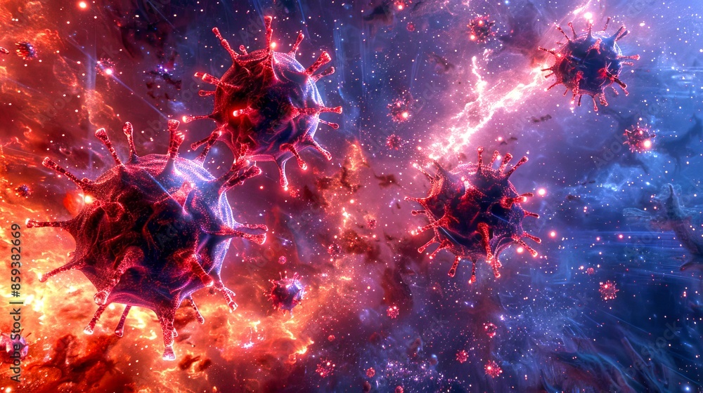 Aufkleber a digital rendering of a vibrant, microscopic view of virus cells in space. the image presents a fut