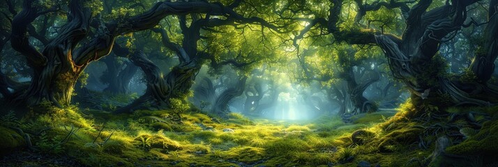 Sunlight Through Ancient Trees in a Mystical Forest