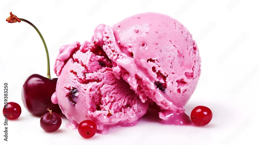 Poster scoop of cherry or strawberry ice cream isolated on white background macro : generative ai