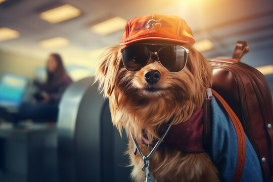 Dog wearing hat and sunglasses at airport. Generative AI