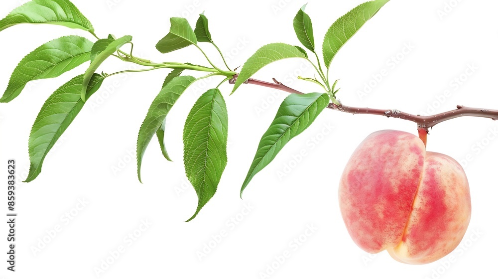 Poster isolated peach One raw pink peach hanging on a stem with leaves isolated on white background with clipping path : Generative AI