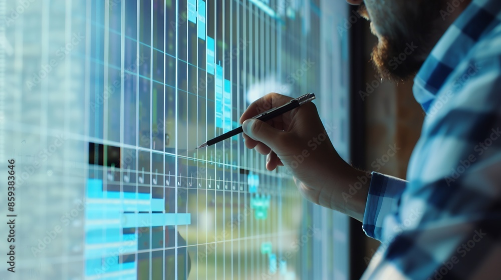 Poster Manager working with Gantt chart schedule for plan tasks and progress Corporate strategy for construction operations sales todo list and marketing Project management planning software  : Generative AI
