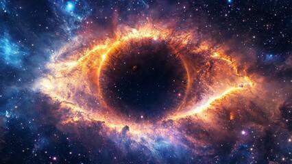 A vivid celestial eye-shaped nebula radiating orange and blue hues against the dark cosmos.