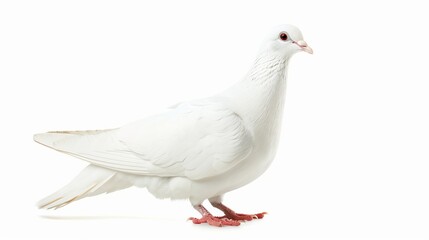 Naklejka premium Elegant white dove on isolated white background. Close-up view of a peaceful bird. Studio photography for conceptual uses like love or peace symbols. Ideal for presentations or creative work. AI