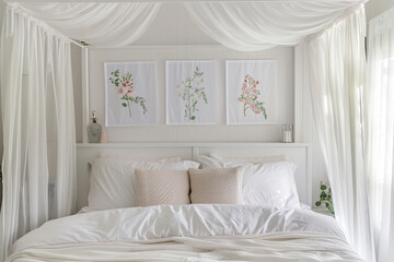 A serene white bedroom with a canopy bed, sheer curtains, and delicate floral posters above the headboard.