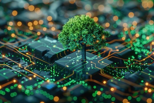 Realistic depiction of AI in environmental science, predicting climate patterns and aiding in climate change mitigation AI for climate change, Environmental AI, Sustainable development