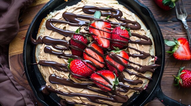 Delicious crepes with chocolate drizzle and fresh strawberries