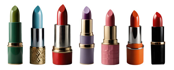 Set of beautiful premium bright lipsticks collection in different colours isolated on transparent background. Generative AI