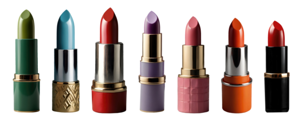 Set of beautiful premium bright lipsticks collection in different colours isolated on transparent background. Generative AI