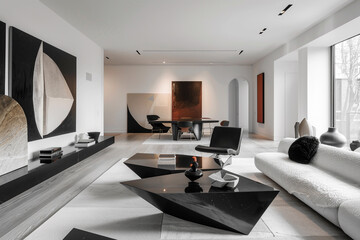 A sleek, modern living room with angular furniture, bold art pieces, and a black and white color scheme.