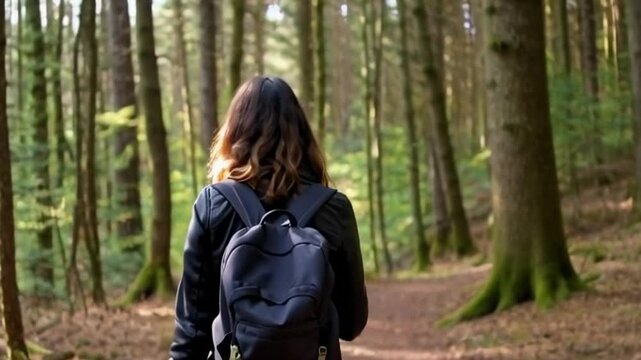 Rear view of a young woman wearing a backpack walking in the forest, hiking in beautiful nature concept