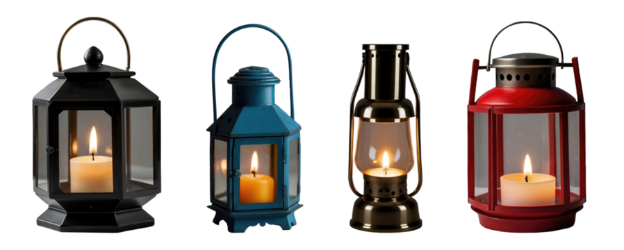 Set of beautiful tealight lantern lamps with burning candles isolated on transparent background. Generative AI