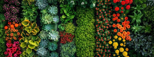 Top view of a botanical garden with rows of different flower species.