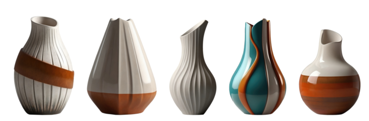Set of modern decorative ceramic designer vases isolated on transparent background. Generative AI