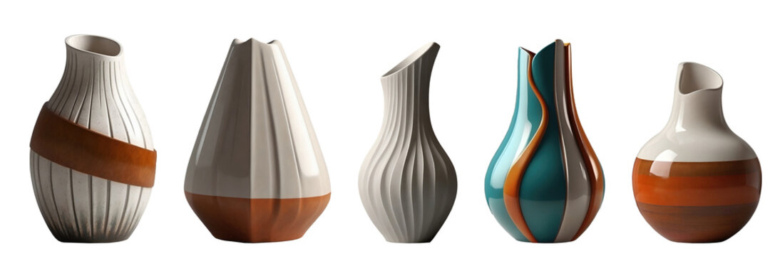 Set of modern decorative ceramic designer vases isolated on transparent background. Generative AI
