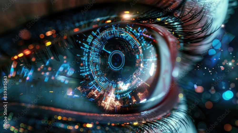 Poster advanced ai technology displayed within the human eye, visualizing critical business insights in rea