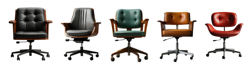Set of modern luxury genuine leather office chairs in different colours isolated on transparent background. Generative AI
