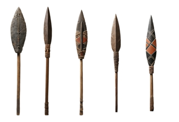 Set of various ancient primitive hand spears isolated on transparent background. Generative AI