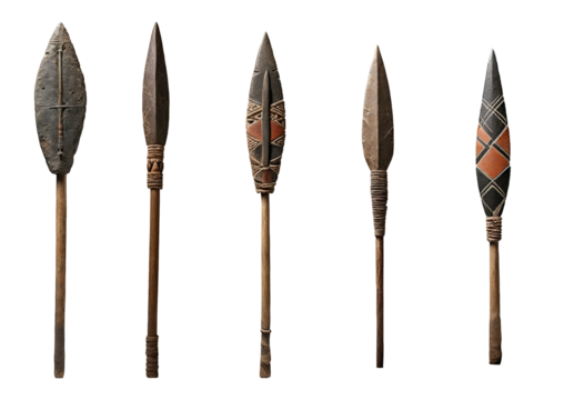 Set of various ancient primitive hand spears isolated on transparent background. Generative AI