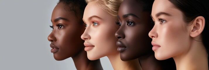 Obraz premium A diverse group of women standing next to each other, smiling and looking at the camera with different skin tones and hair textures