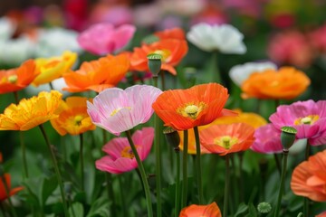 Vibrant array of colorful poppies blooming in springtime garden