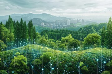 Realistic illustration of AI analyzing environmental data to predict ecological changes and help in conservation planning Algorithmic ecology, Environmental AI, Sustainable development