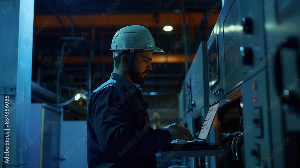 Fototapete industrial man engineer wear uniform and helmet using laptop are checking system machine at factory 