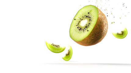 Slices of kiwi falling, isolated white background