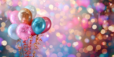 Festive balloons and streamers on a colorful bokeh background for celebrations. Concept Celebration, Balloons, Streamers, Colorful Background, Bokeh