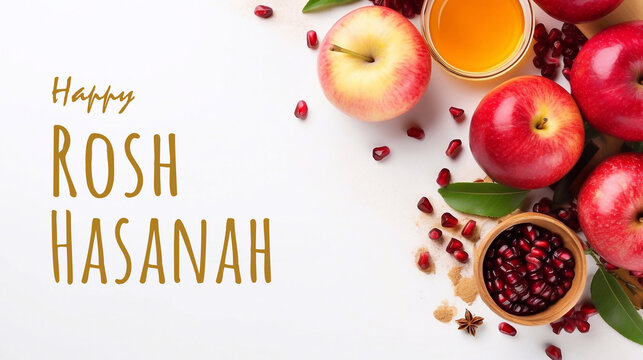 Happy Rosh Hasanah Poster Design with Pome, Apples and Honey in White Isolated background with copy space. Jewish New Year Template
