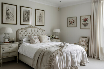 A sophisticated white bedroom with elegant furniture, luxurious fabrics, and classical art posters above the bed.