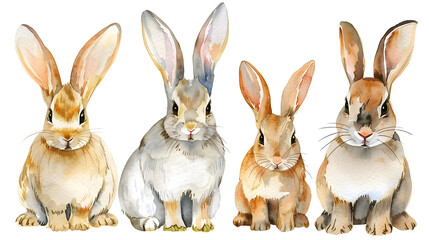 Obraz premium Collection of cute rabbits watercolor isolated on a white background